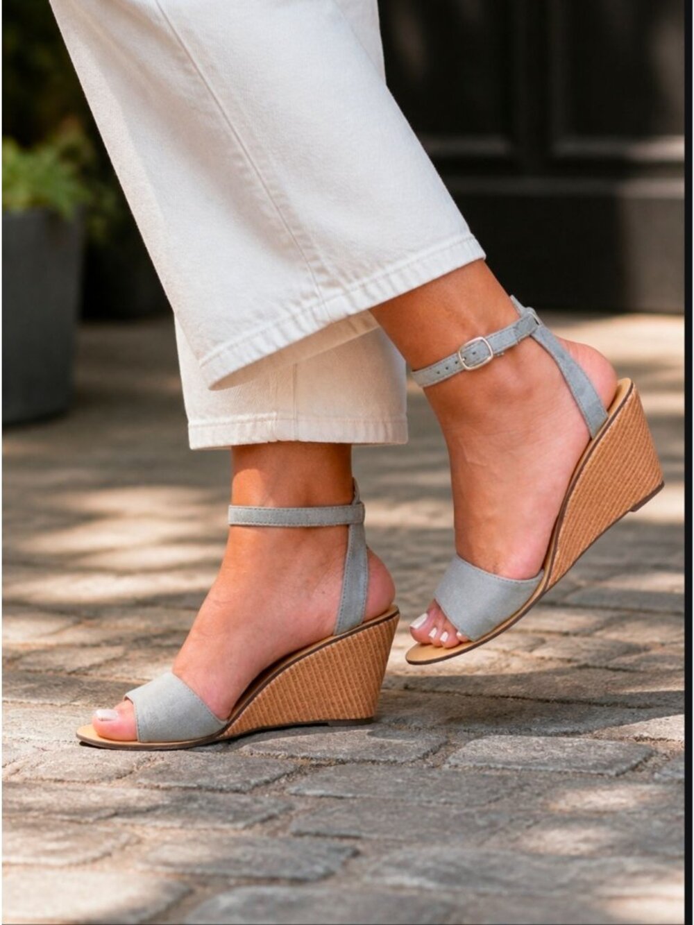 Womens Grey Wedge Sandals With Ankle Strap & Open Toe Design